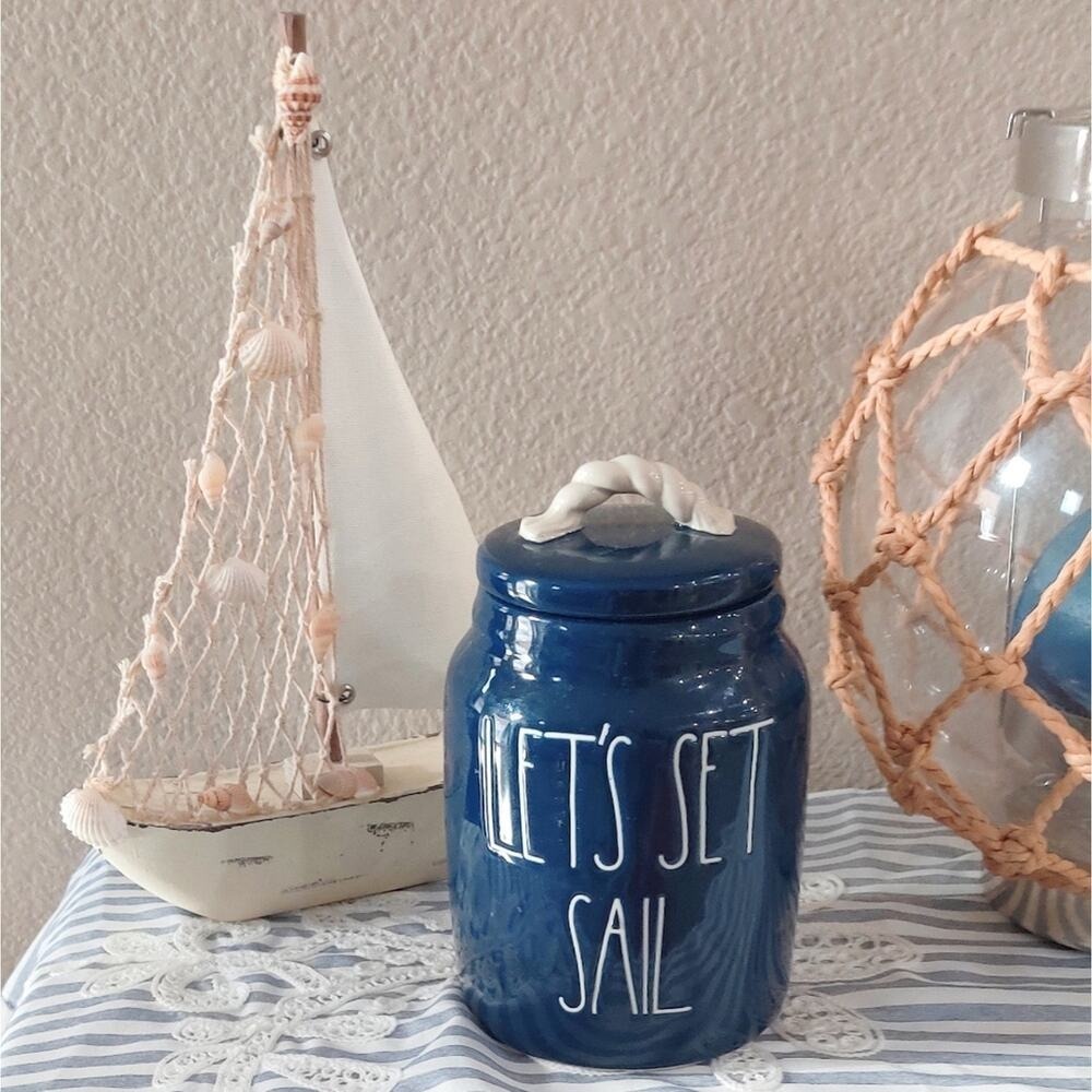 Rae‎ Dunn Let's Set Sail Nautical Coastal Blue Cookie Jar Canister Beach Summer